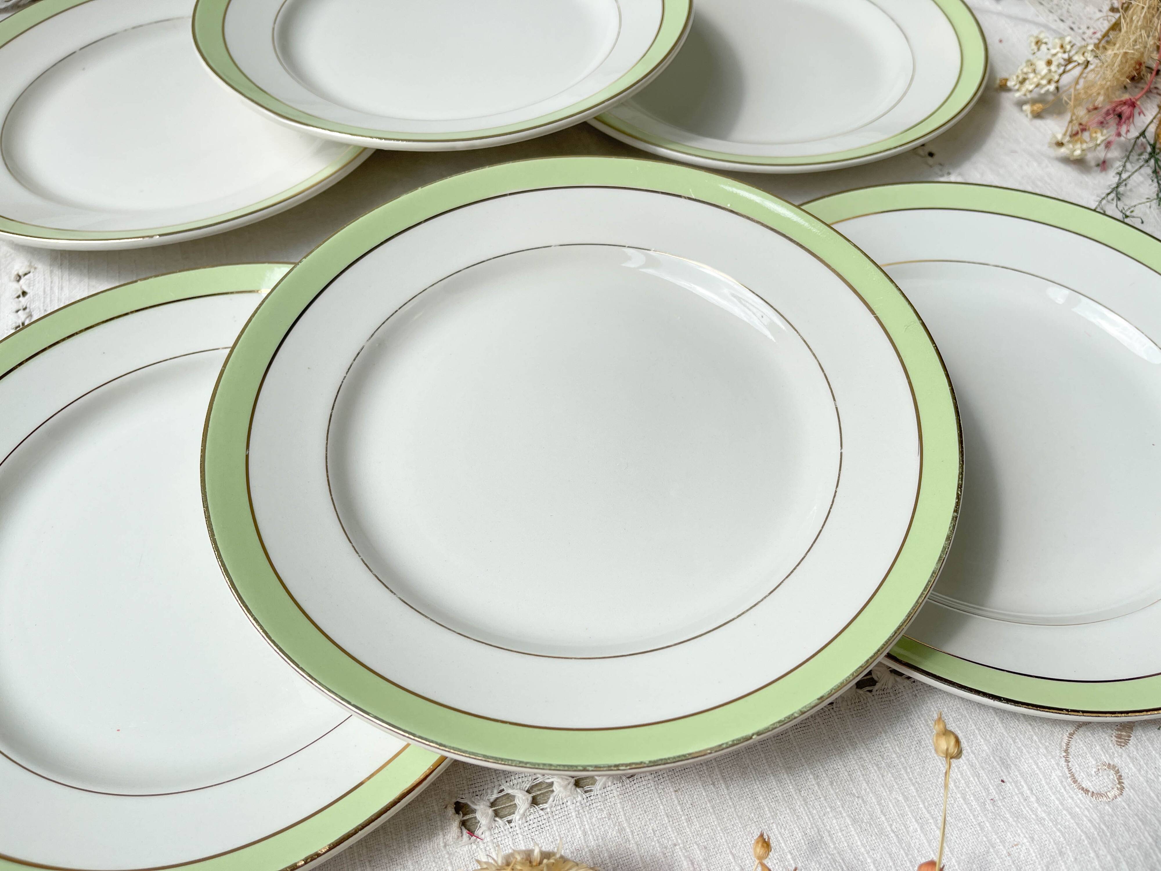6 Vintage French Orchies "VILLARS" dinner plates 1950 white green gold