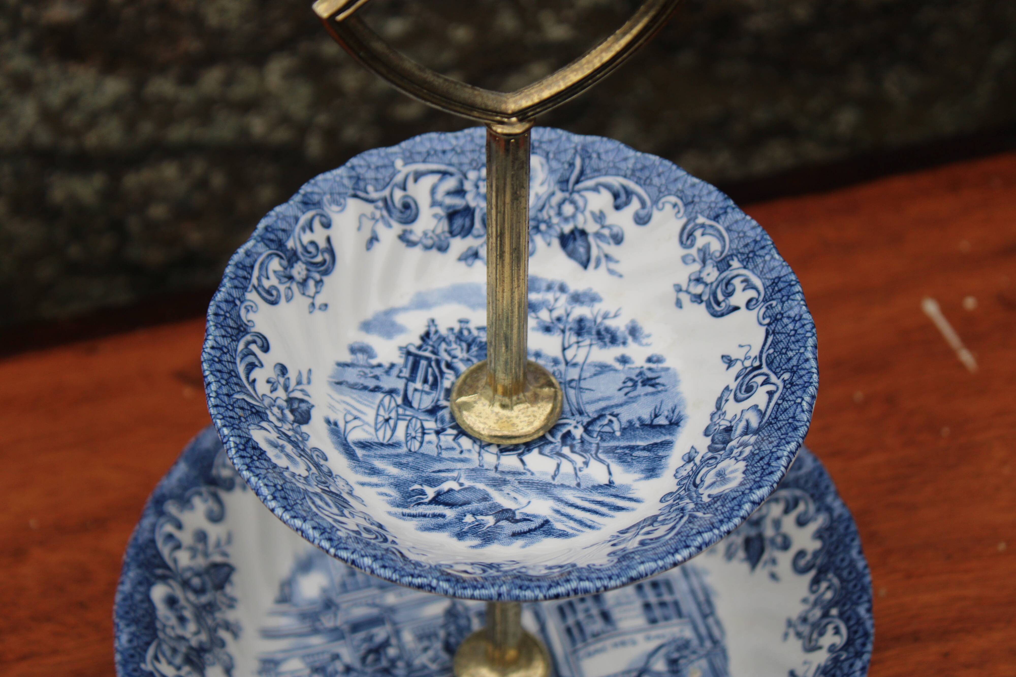 Johnson Bros. Two-Tier Serving Dish – “Coaching Scenes” – Blue English Earthenware