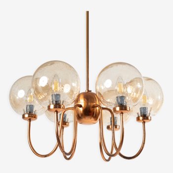 Chandelier in patinated copper and bubble glass produced by elmed, poland, 1970s