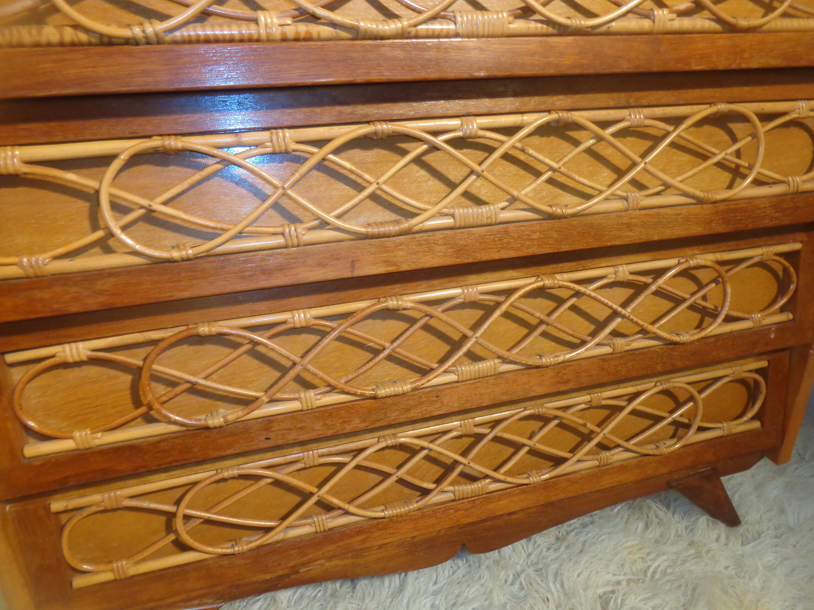 Chest of drawers wood and rattan Louis Sognot 1950 foot compass