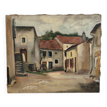 Village courtyard, oil on canvas signed 1932