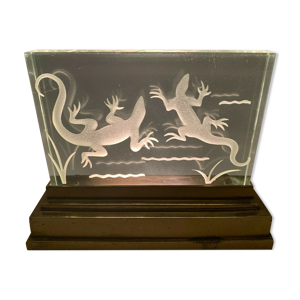 lampe veilleuse salamandres 1930 art deco plaque verre poli base bronze