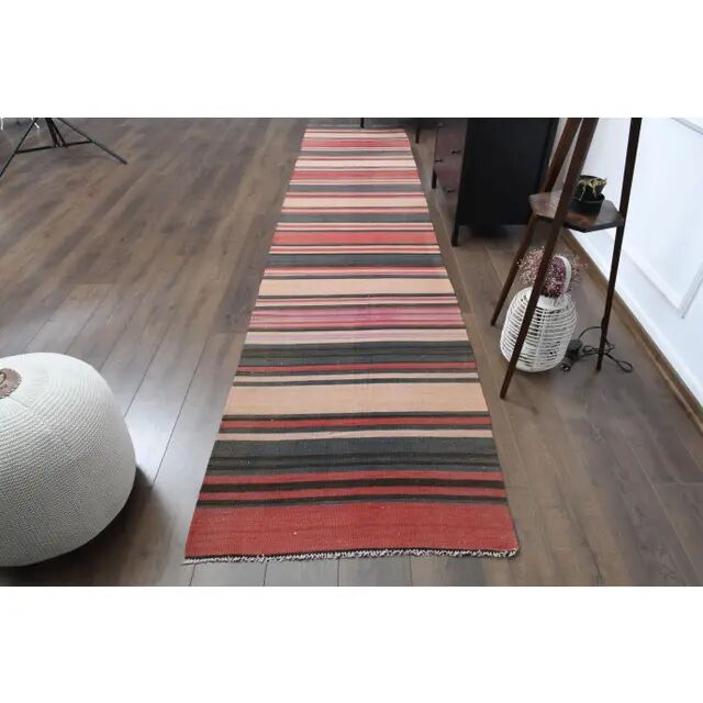 Tapis couloir turc Oushak fait main en laine et coton rouge des années 1970, 90x403.
