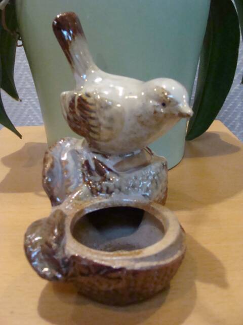 Small vintage enameled ceramic bird bowl