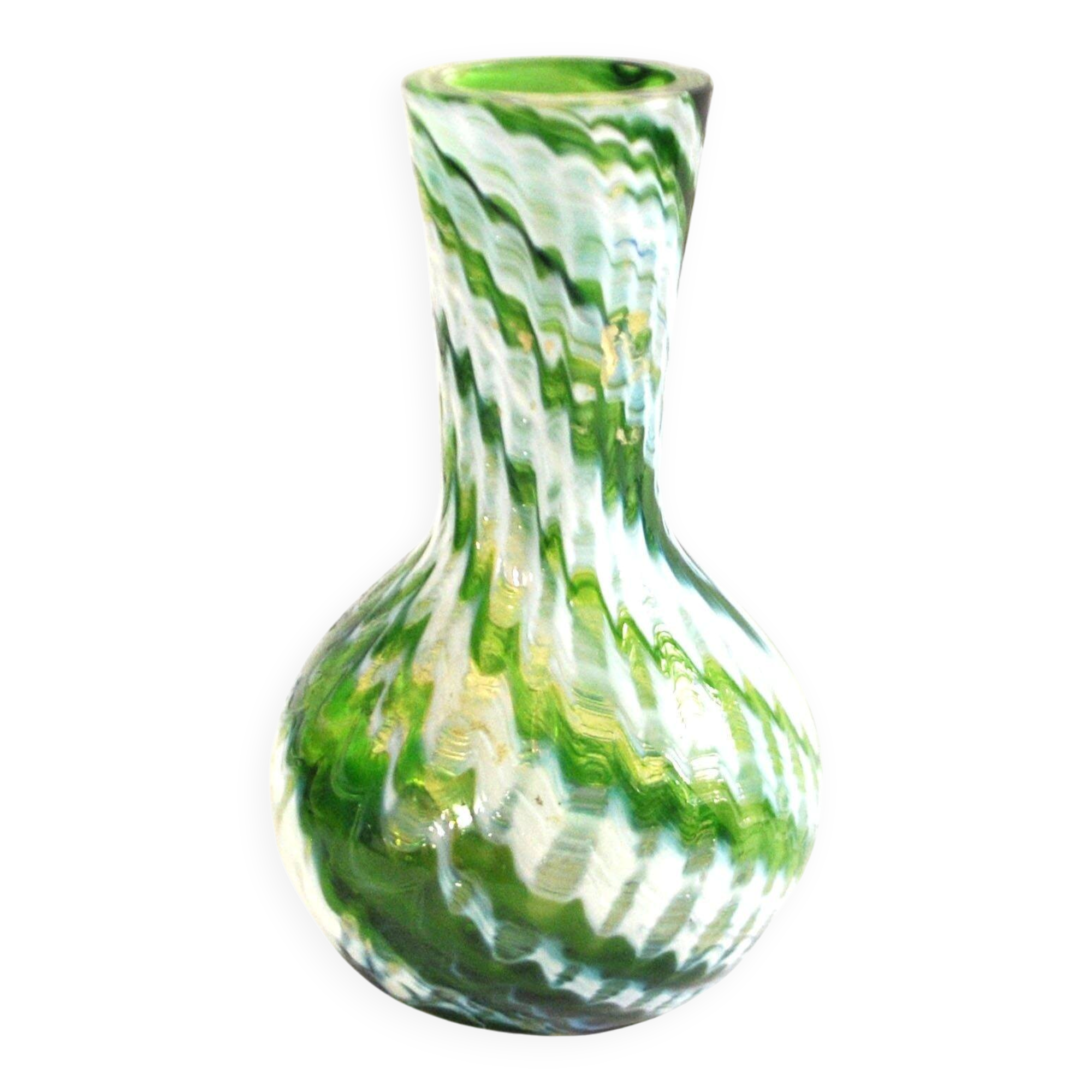 Murano vase in blown glass with green filigree, vintage 1960.