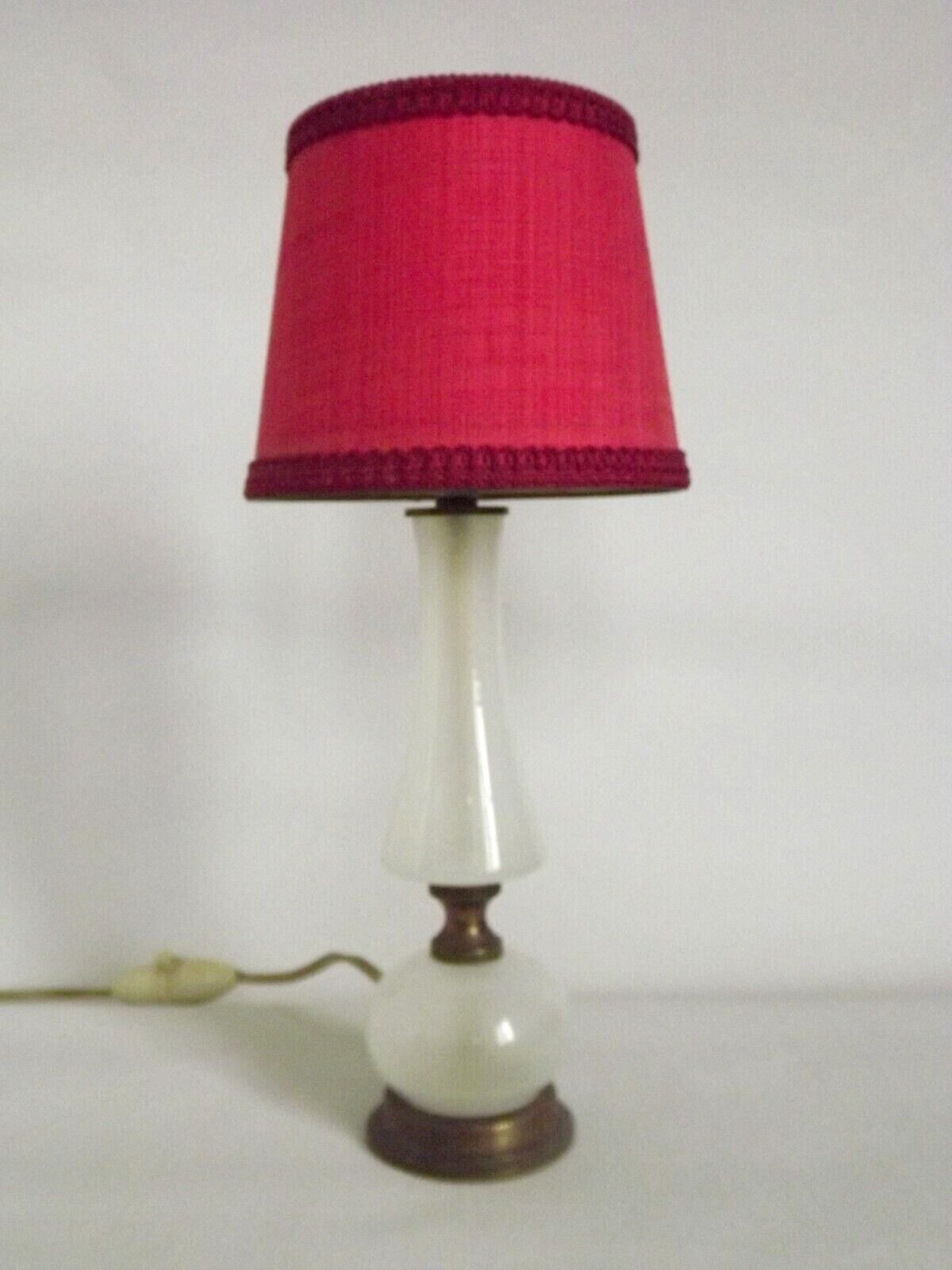 Brass & white glass table lamp red fabric shade