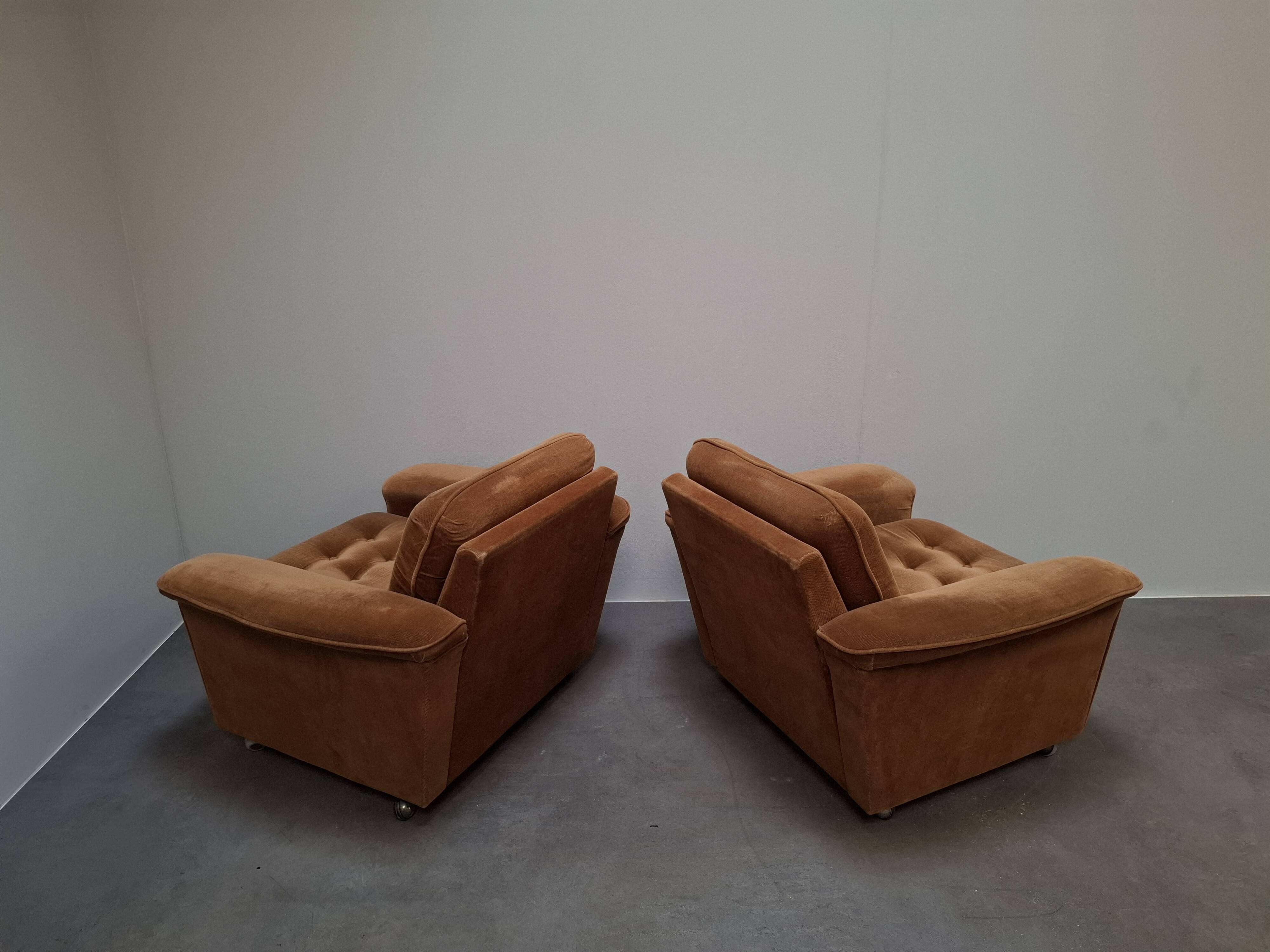 Pair of Mid-Century Modern Czech Lounge Armchairs with Rolling Casters