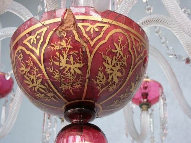 Chandelier pendants 19th golden colored glass and gilding