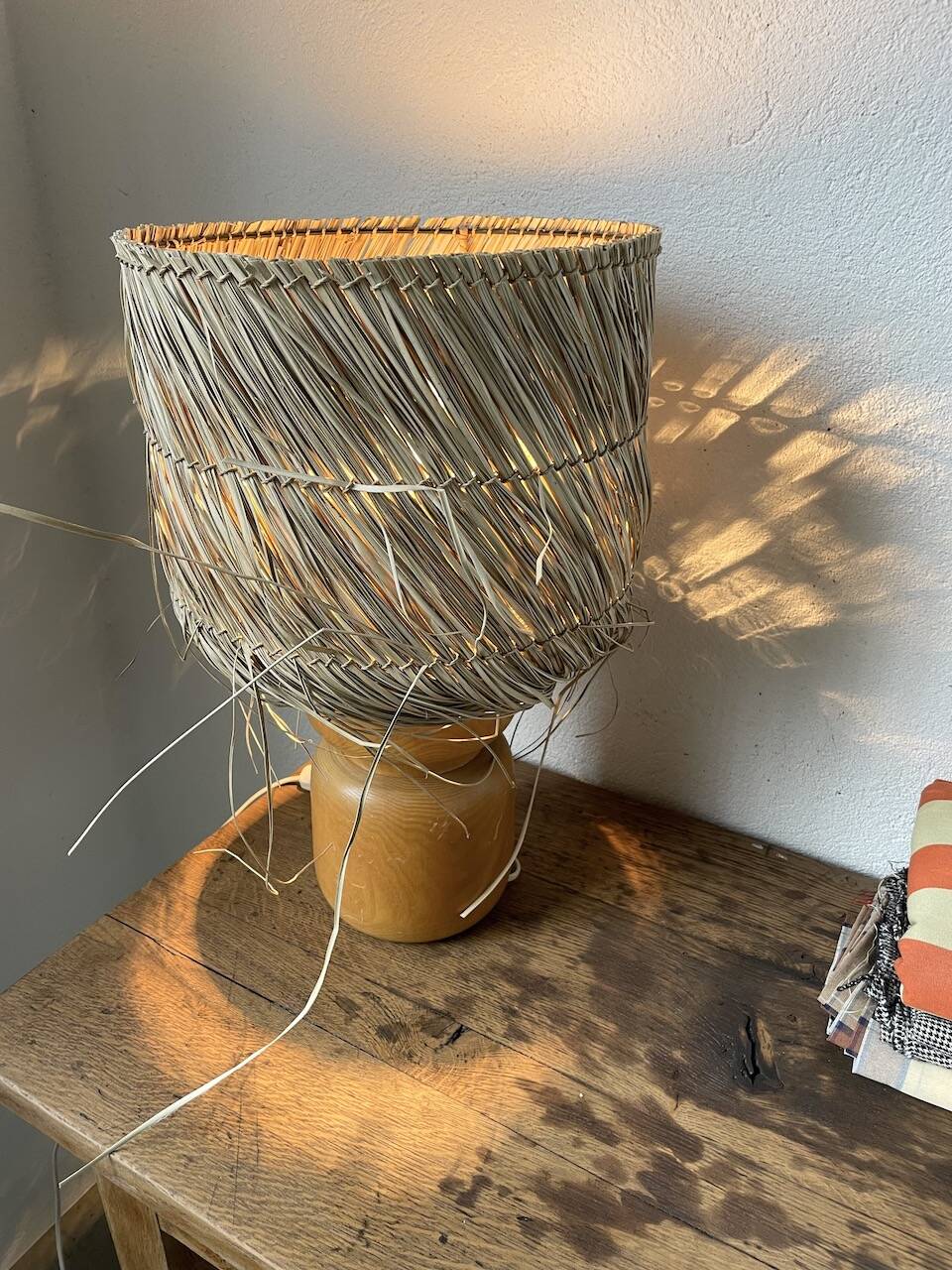 50s wood and straw lamp