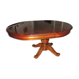 Table diameter 115 cm solid wood, excellent condition sold with 2 extensioncords of 40 cm each and 6 chairs style in excellent condition.