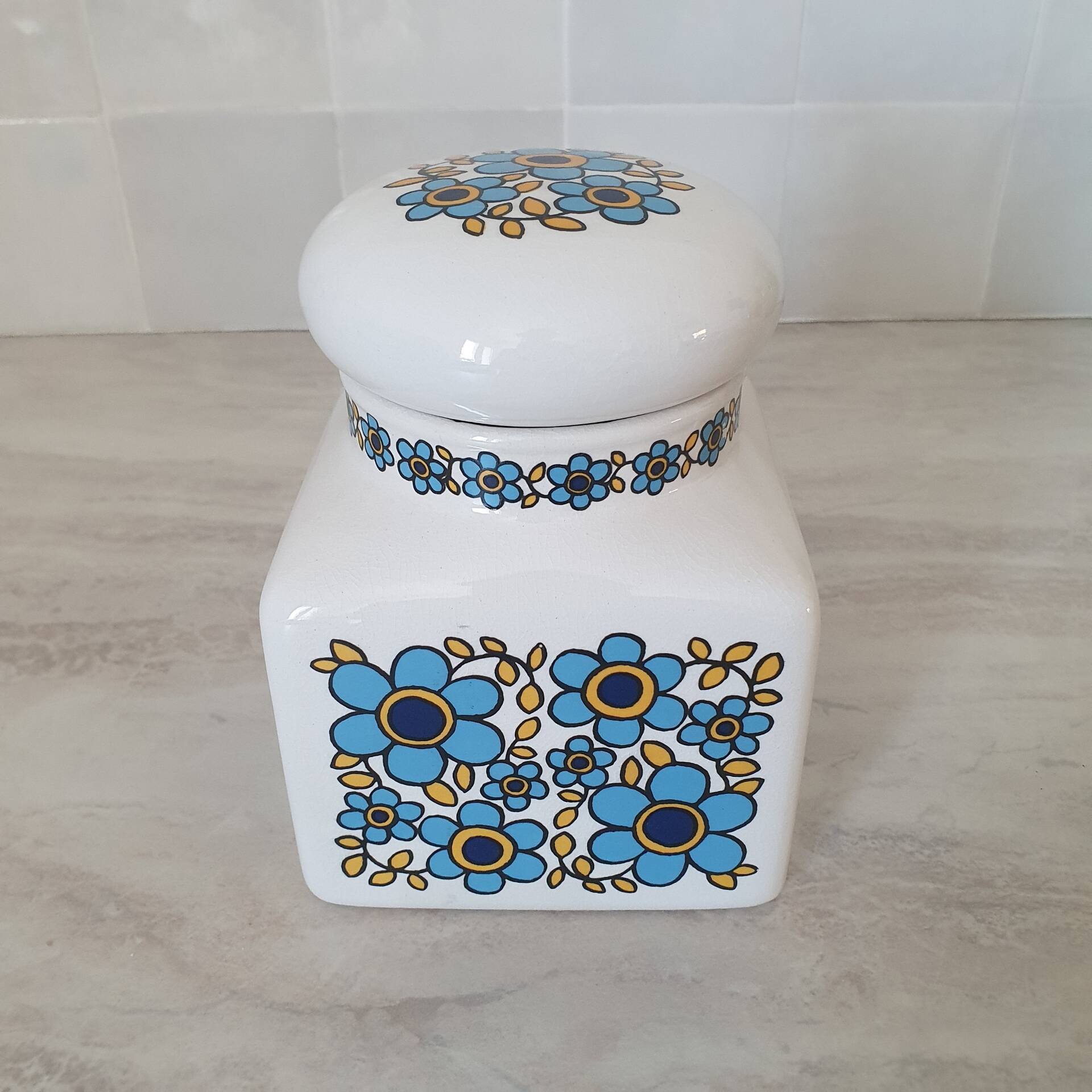Ceramic storage pot with blue flower pattern Tauntun Vale / England