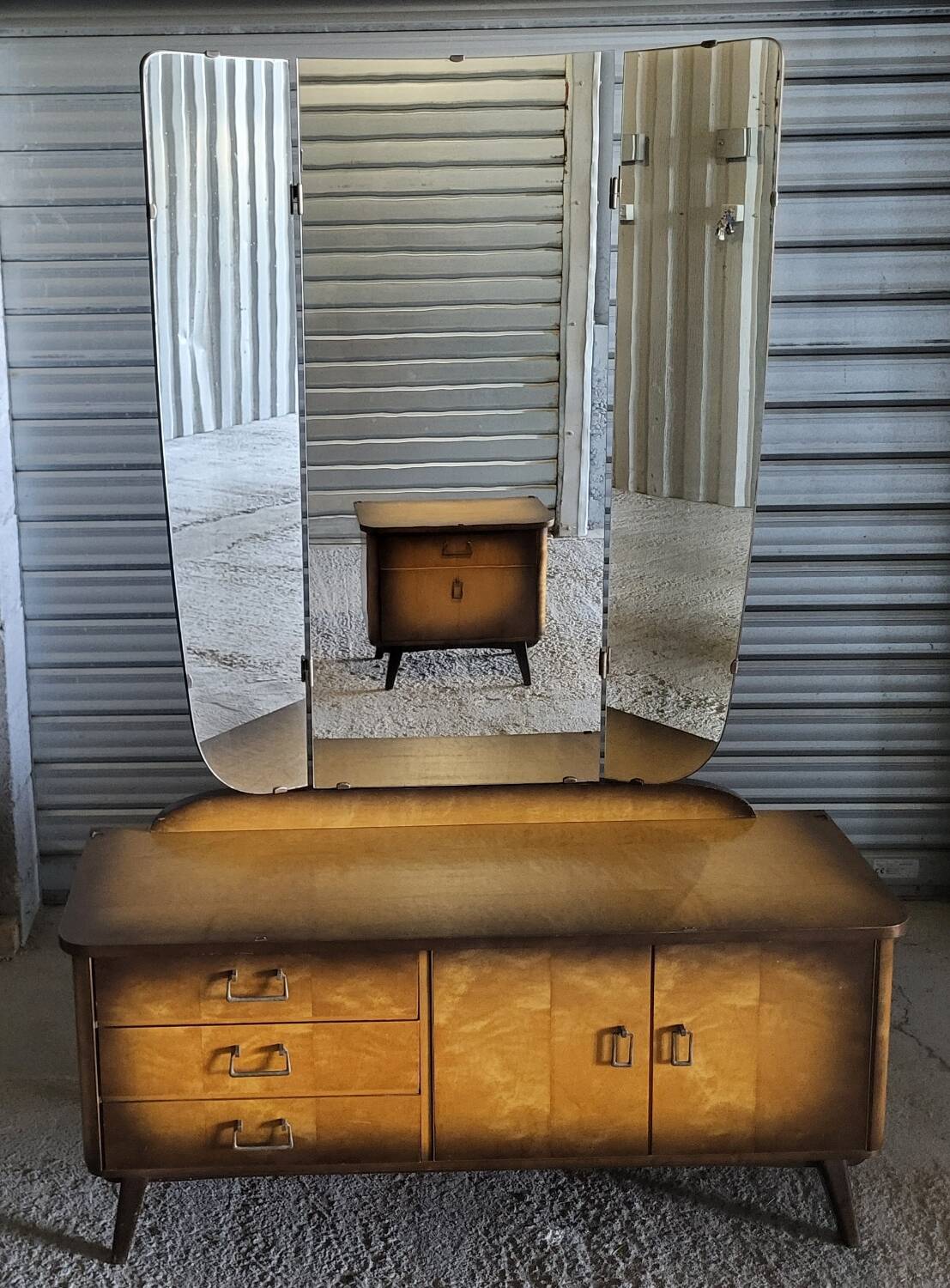 Vintage Scandinavian style dressing table, chest of drawers, triptych mirror and bedside table