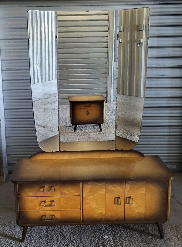 Coiffeuse commode miroir triptyque et chevet style scandinave Vintage