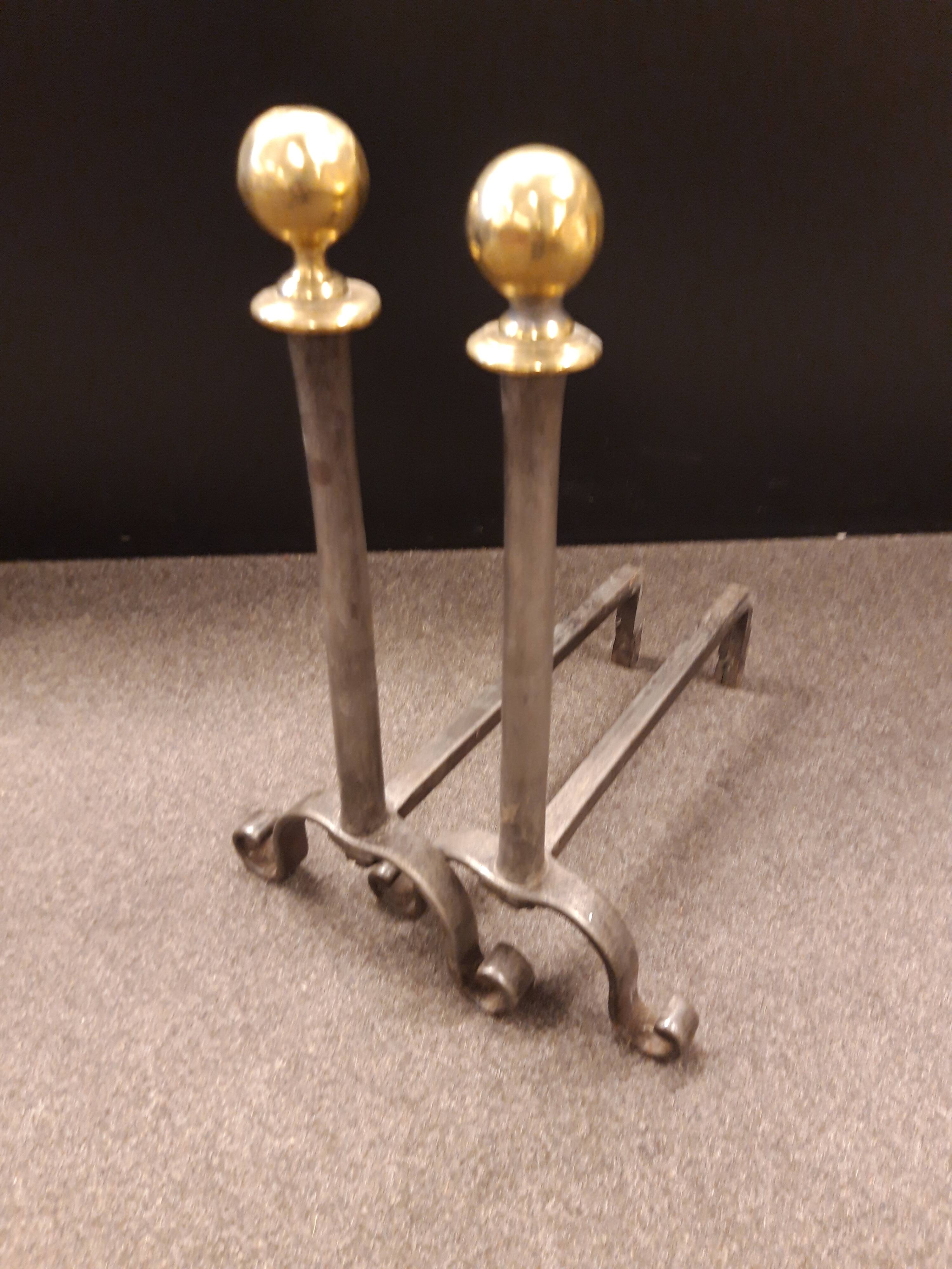 Pair of brass ball andirons