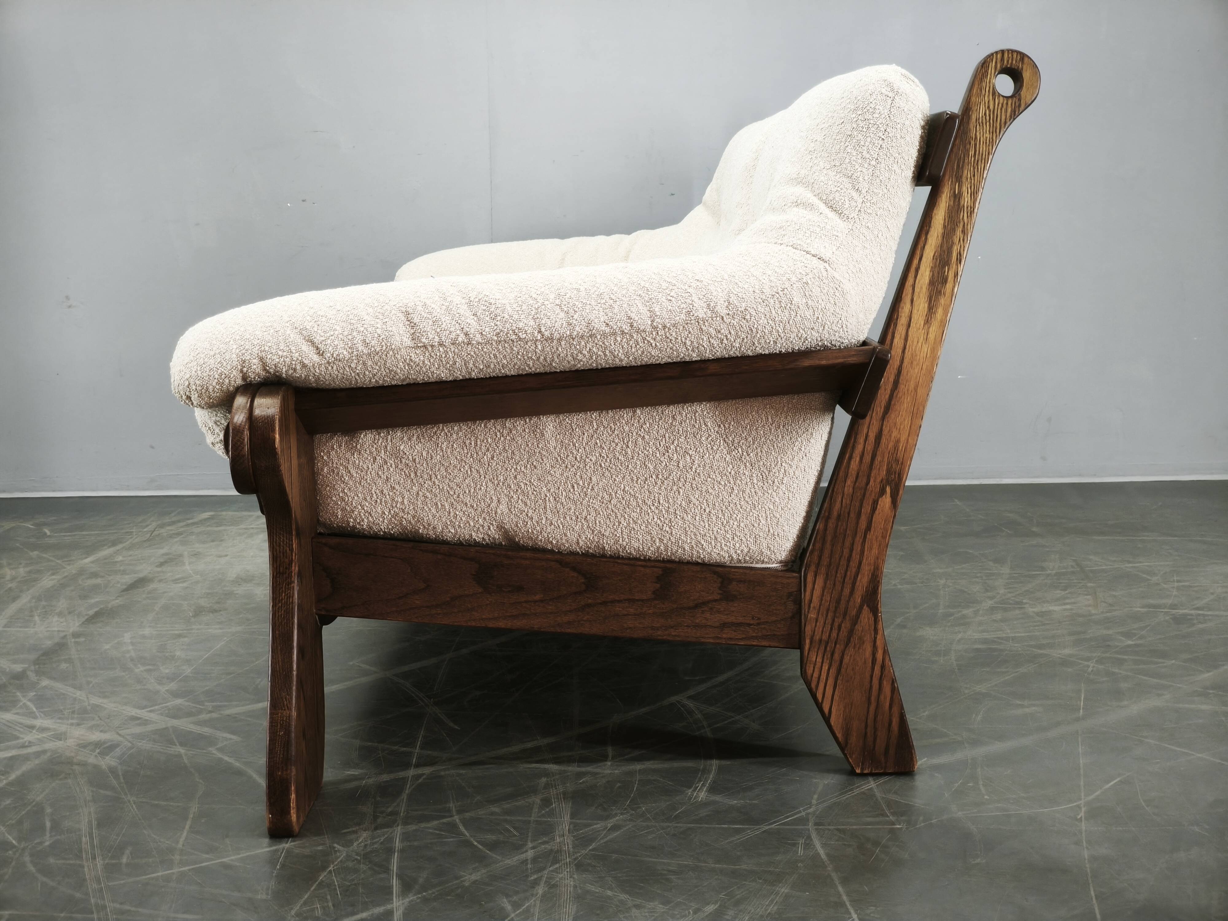 Brutalist Solid Oak and Bouclé Three-Seat Sofa, Czechoslovakia 1970s