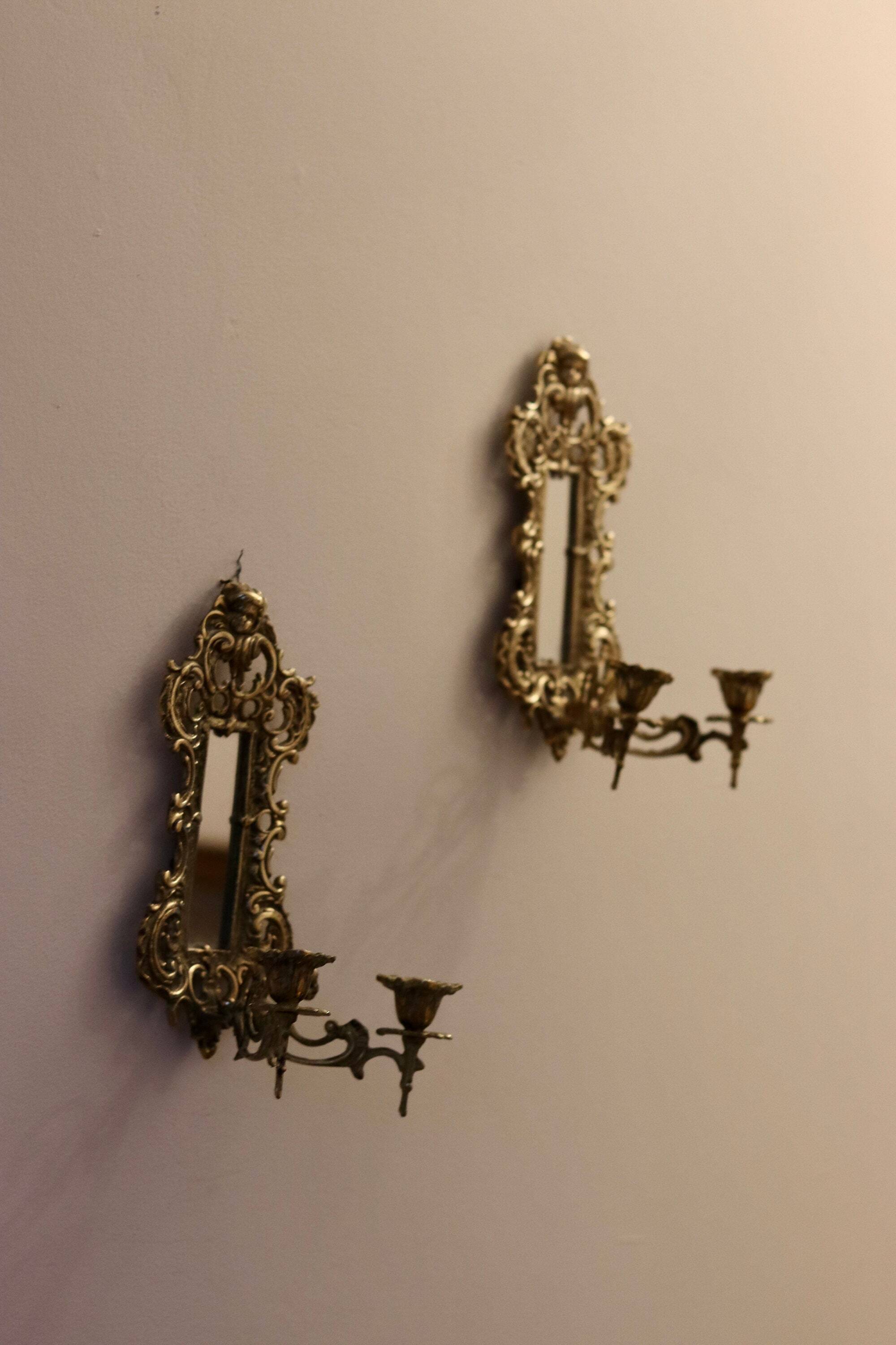 Pair of Antique Brass Wall Sconces with Mirror