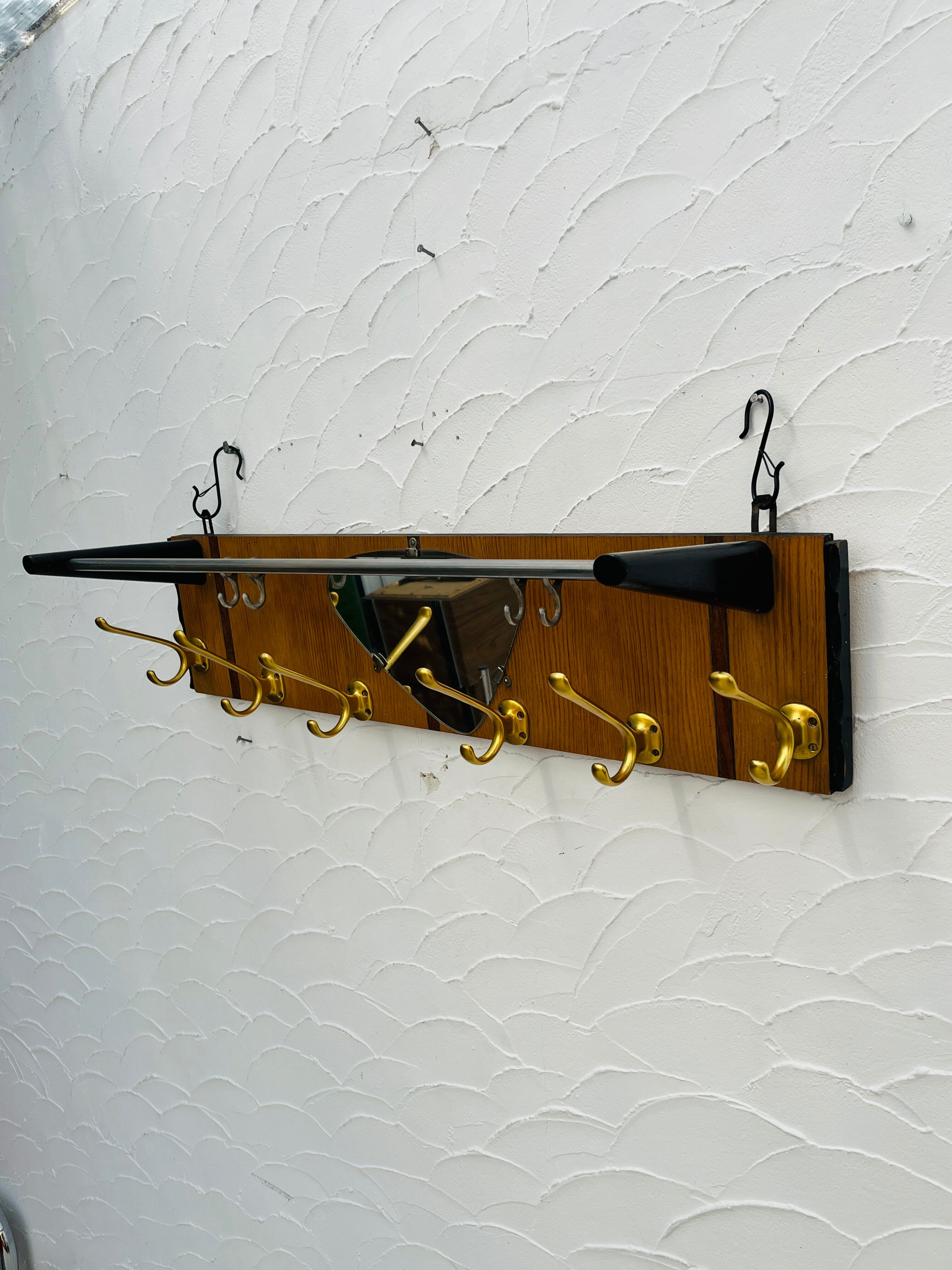 Vintage teak wall coat rack with mirror