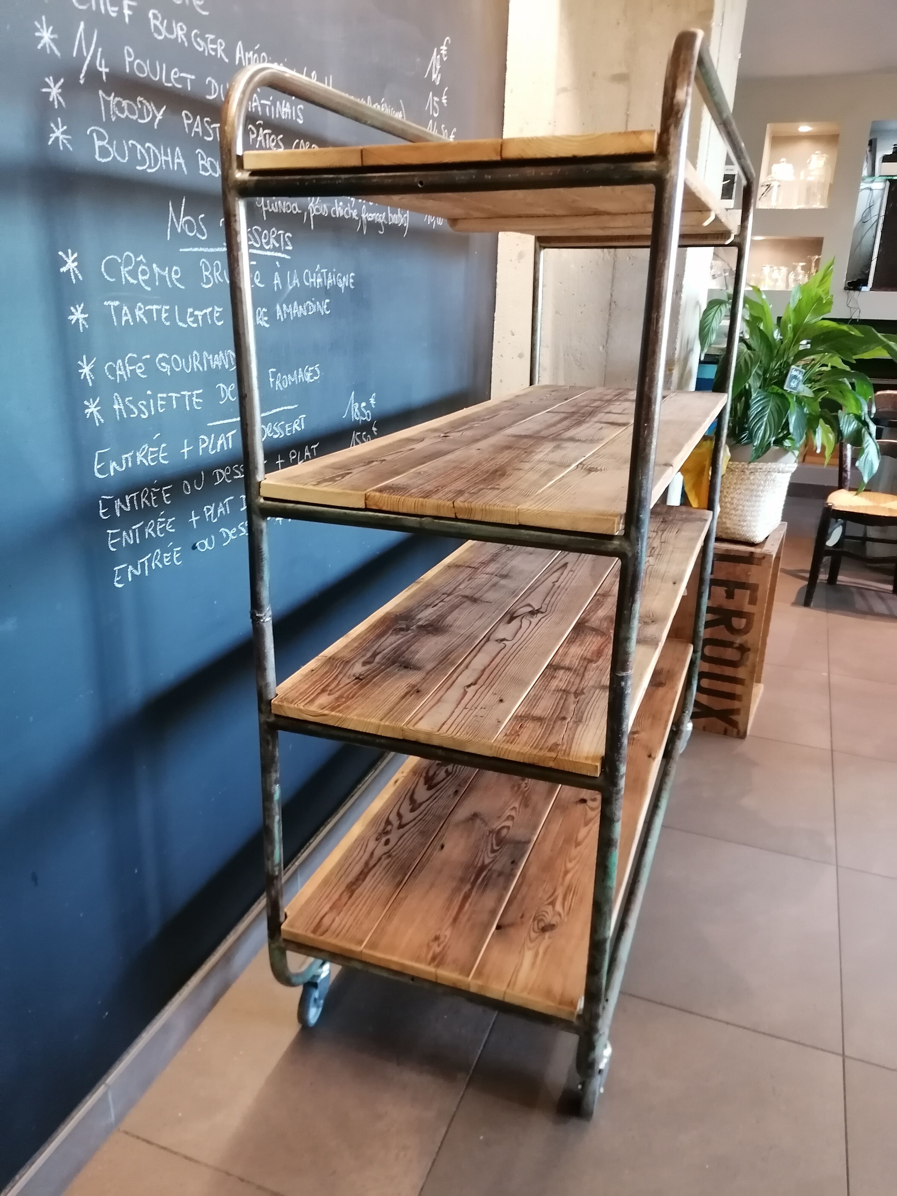 Steel and wooden shelf on wheels