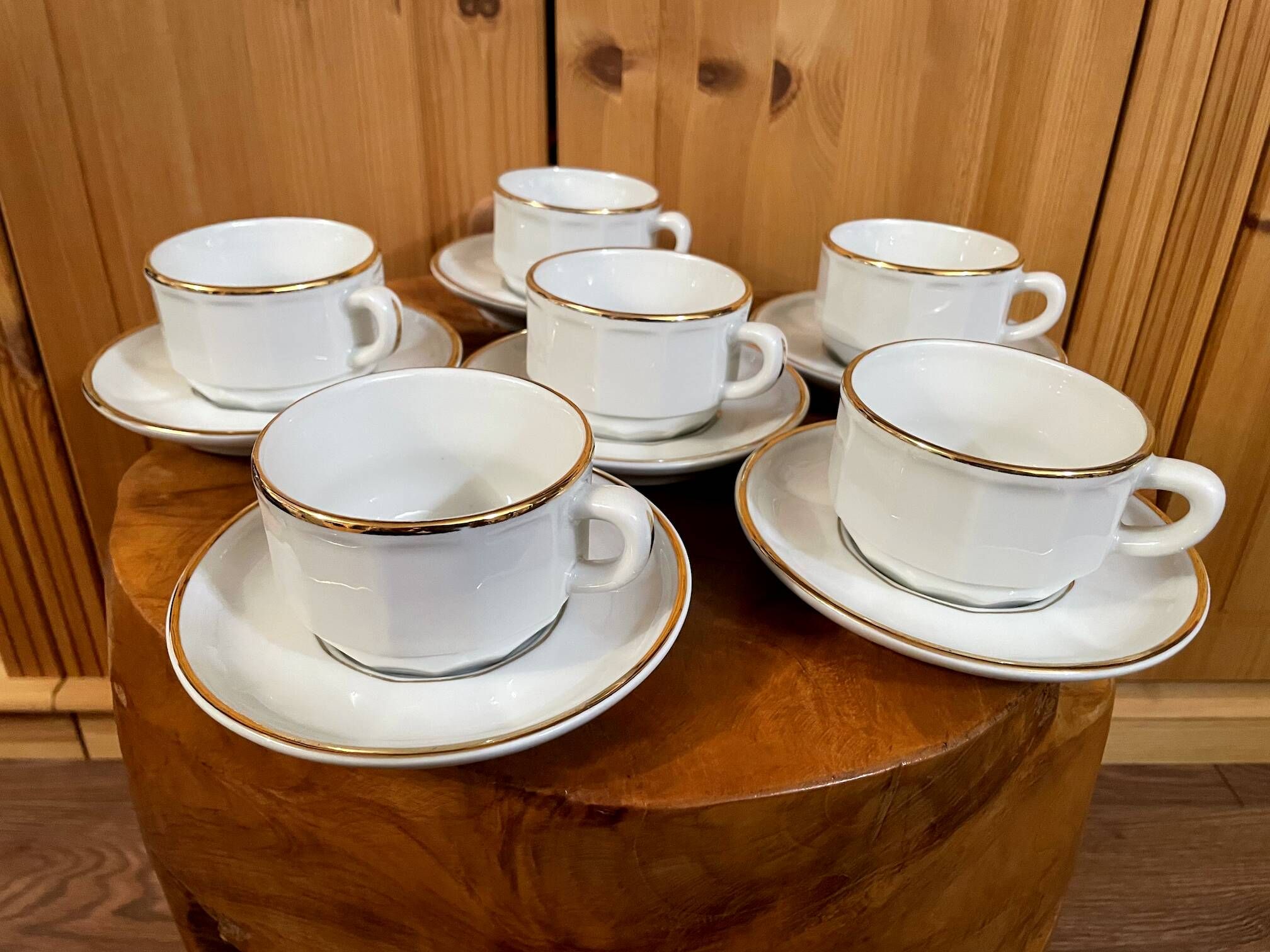 Set of 2 Apilco Flat French Porcelain Coffee Cups with Saucers, Model Flora