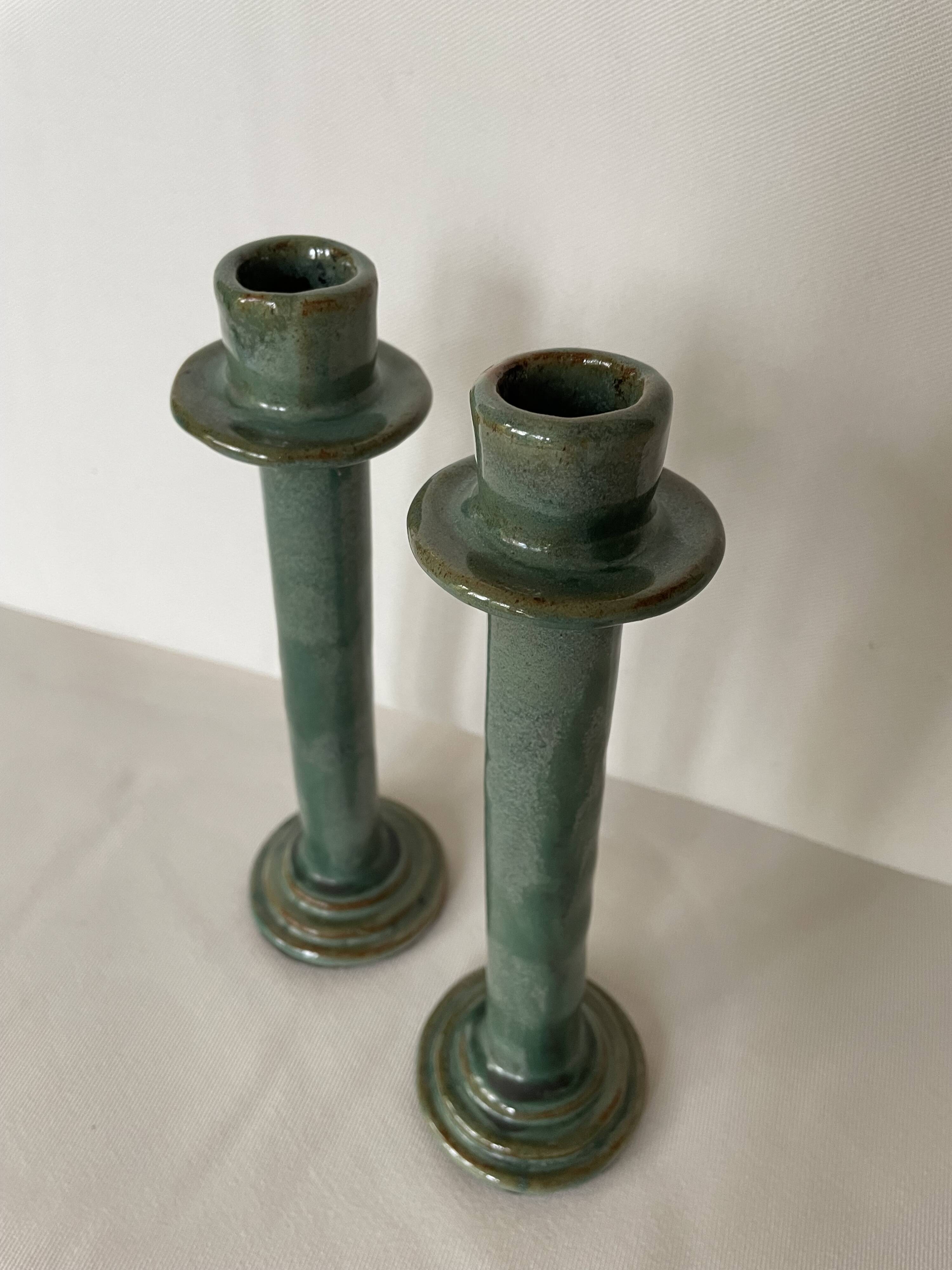 Set de 2 bougeoirs vert foncé, céramique émaillée