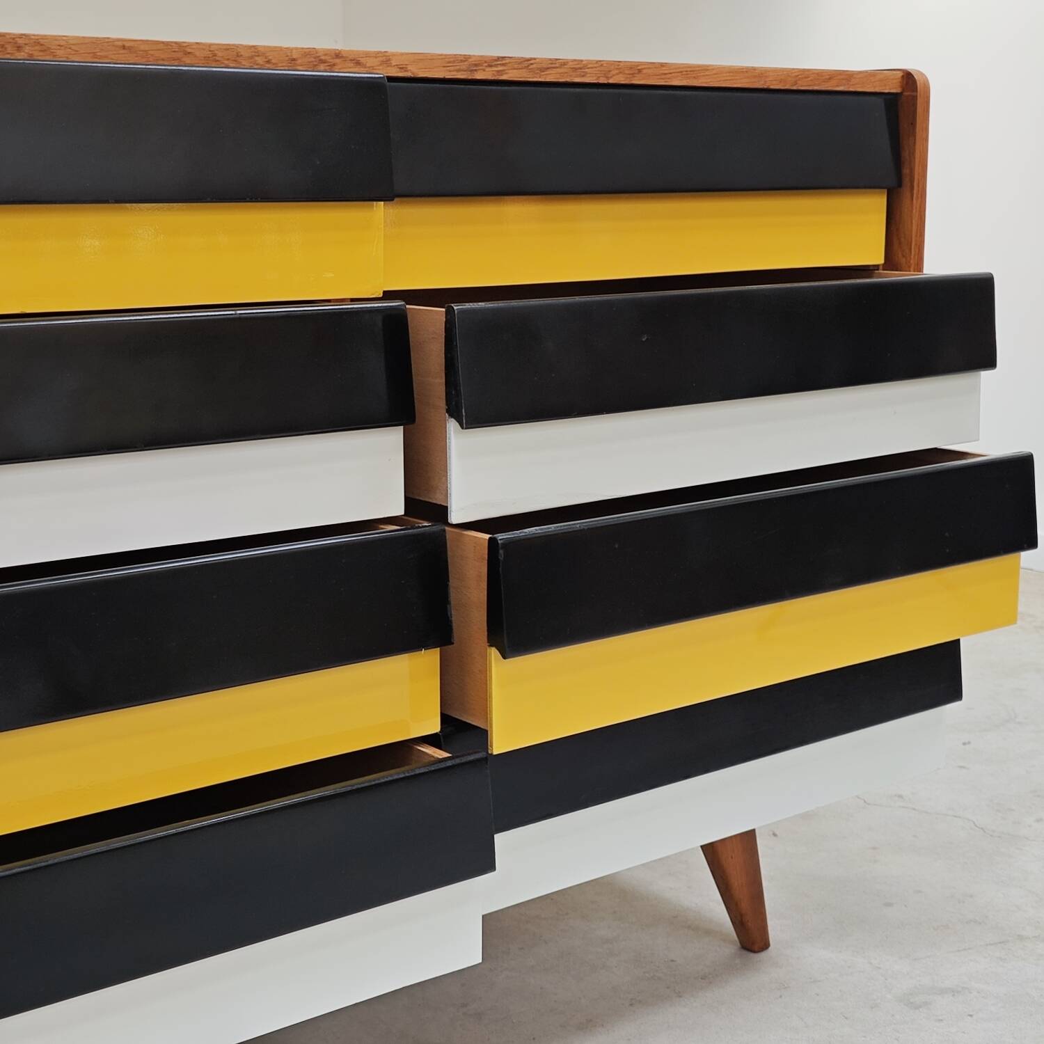 U453 yellow 8-drawer wooden sideboard by Jiri Jiroutek for Interier Praha 1960
