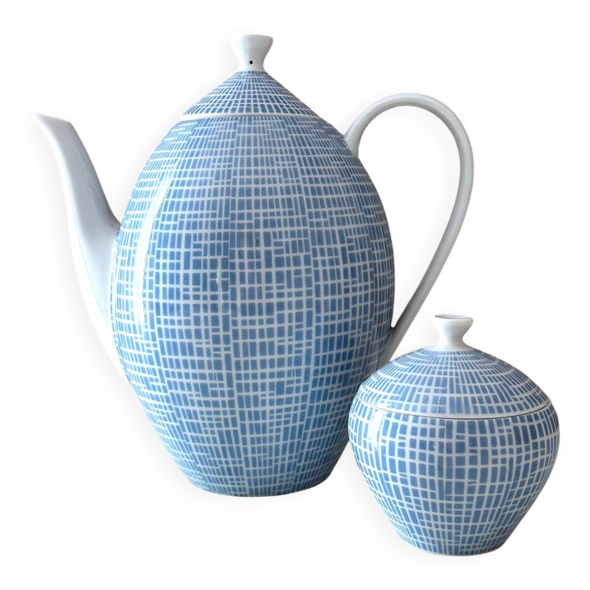 Arzberg Form 2000 “Bast” Pattern – Blue Teapot and Sugar Bowl