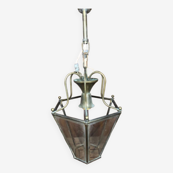Ancienne suspension lanterne laiton + plaques verre biseauté vintage #a550
