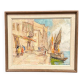 Huile sur panneau d'origine suédoise – « Motif de port » par Knut Norman (1896–1977) – Signé – Vintage et encadré