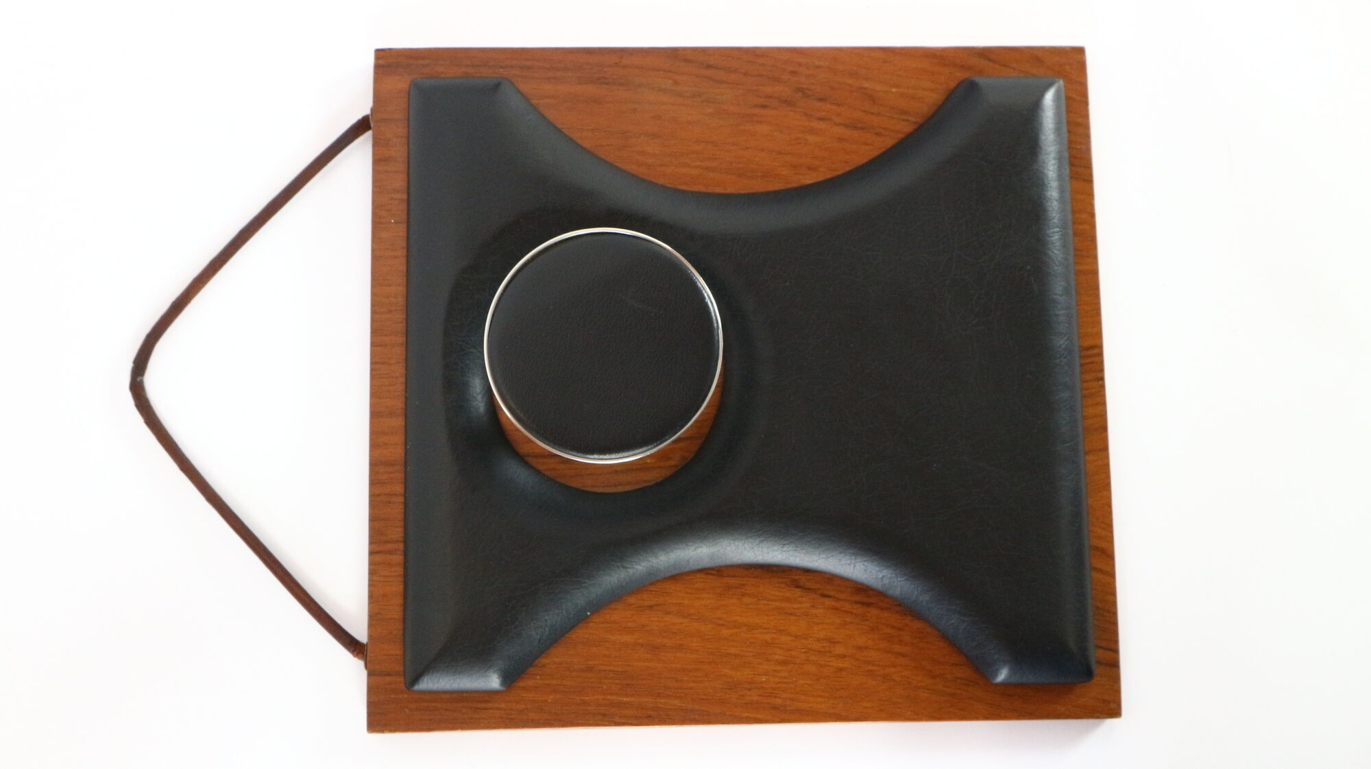 Two coat hangers, wood, leather and black leather, 70s