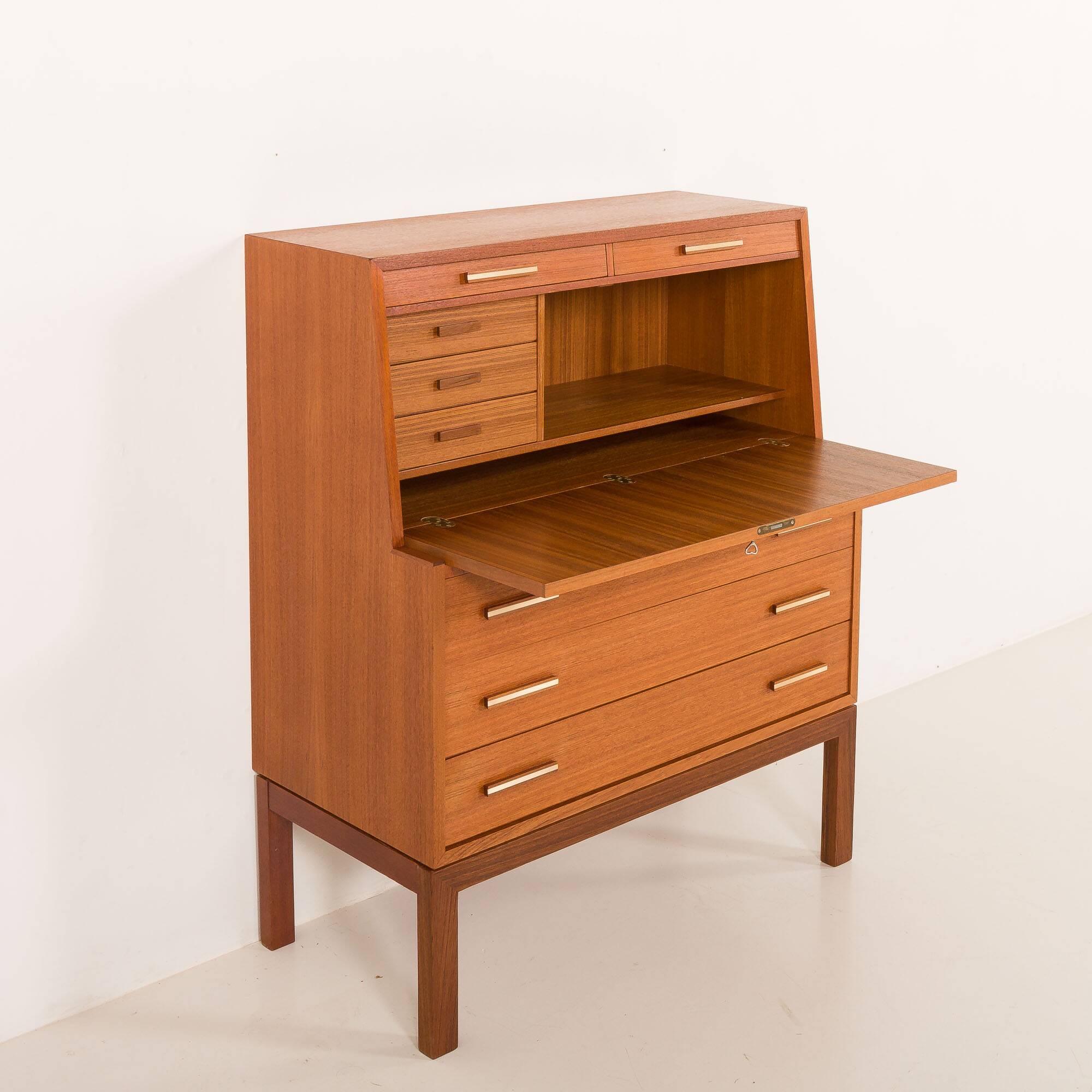 Danish mid century teak secretaire with brass inlays, 1960s