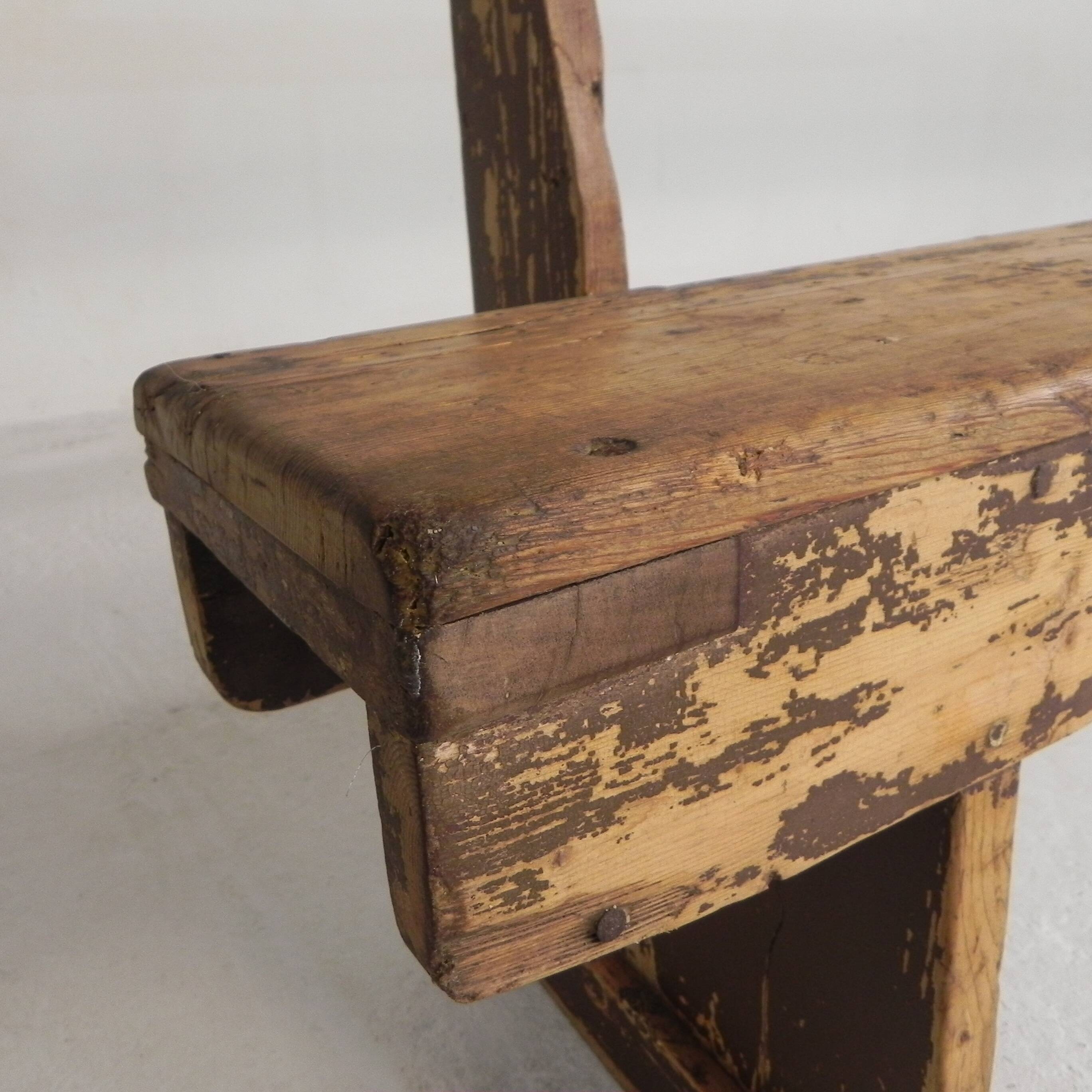 Pine bench with backrest, 2.5 metres long, 1950s.