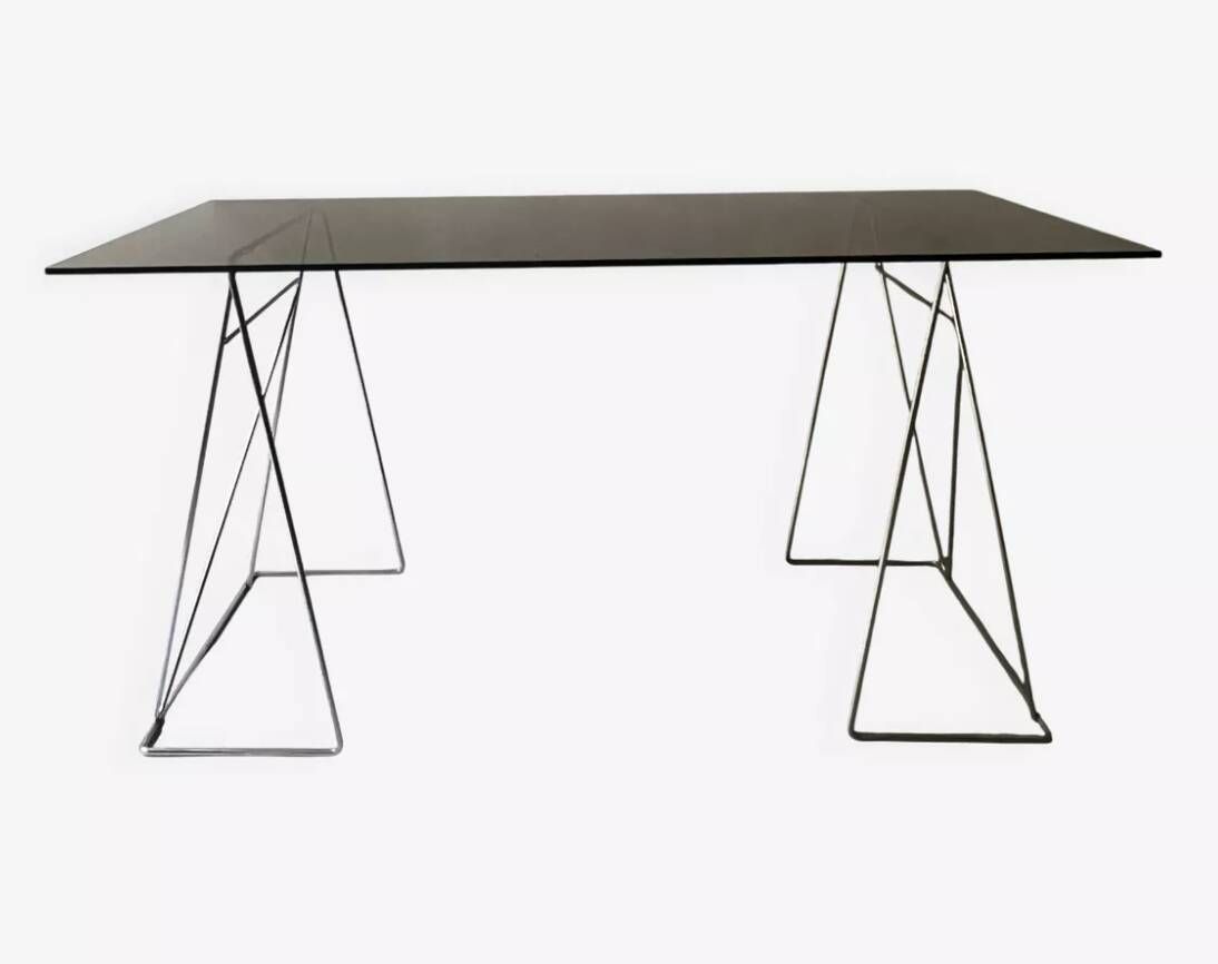 Large smoked glass and chrome metal desk, Sauze design 1970.