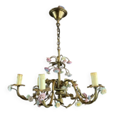 Lustre en porcelaine et laiton à décor de fleurs, XXème siècle