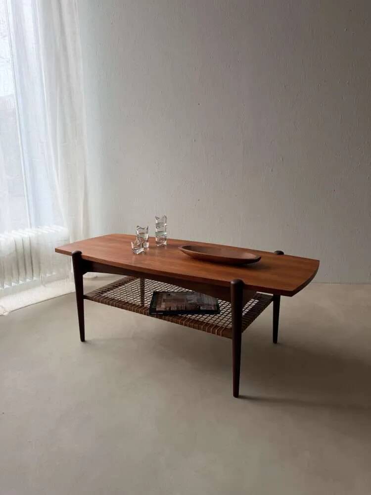 Vintage Creafort coffee table 1960s teak with rattan magazine shelf