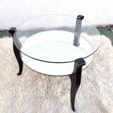 Guéridon bas Art Déco 1930/1940 en bois noir, verre et miroir