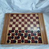 Plateau de jeu ancien en bois, jeu des petits chevaux et jeu de dames