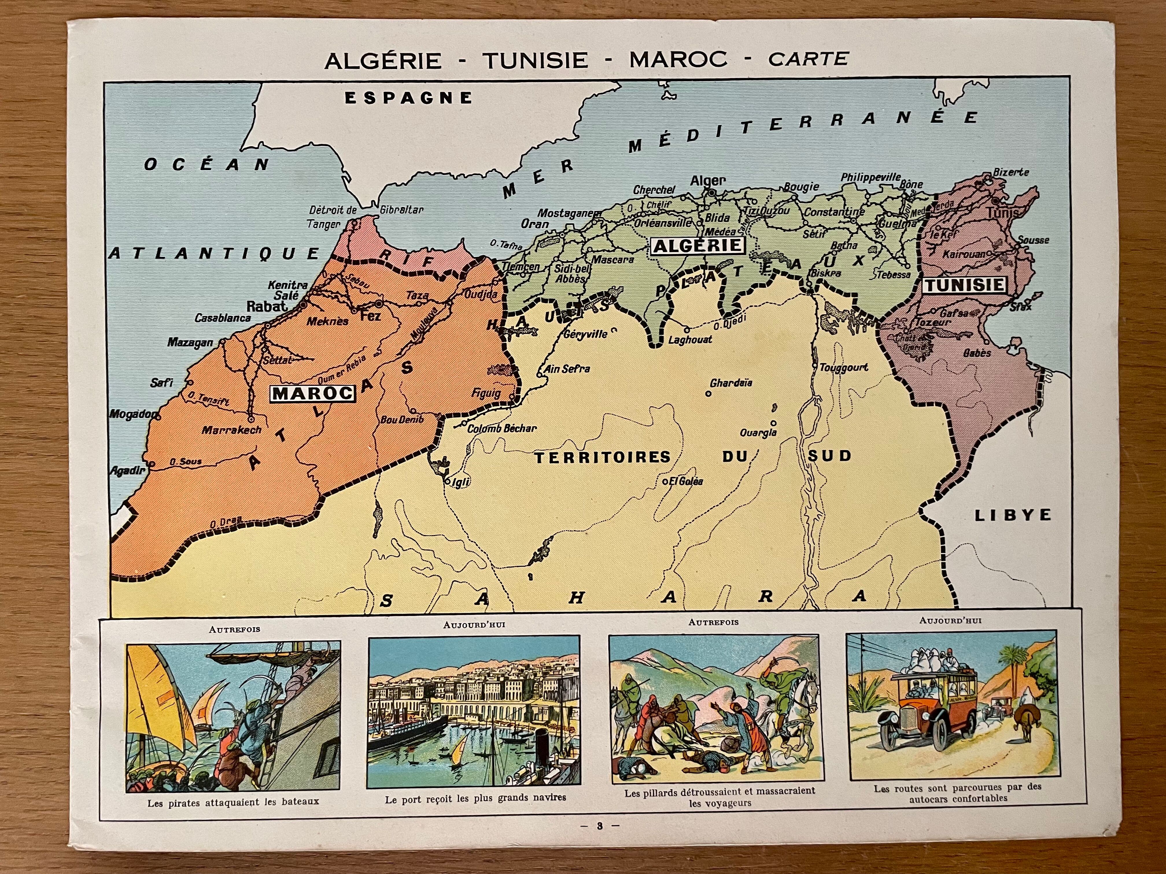 Old poster map of Algeria, Tunisia, Morocco - 1930