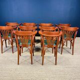 Set of 10 wooden bistro armchairs with green leatherette palmette from the 80s France