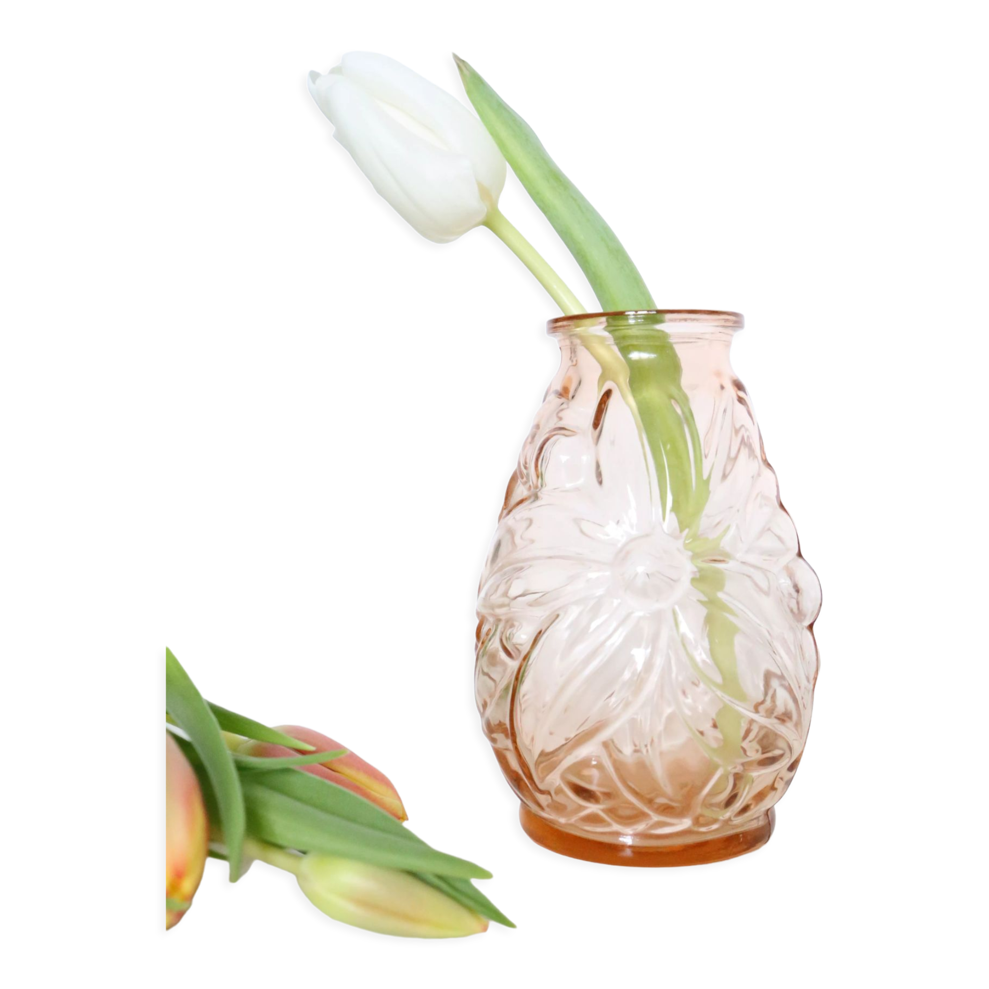 Old pink glass vase, molded glass, vintage French