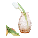 Old pink glass vase, molded glass, vintage French