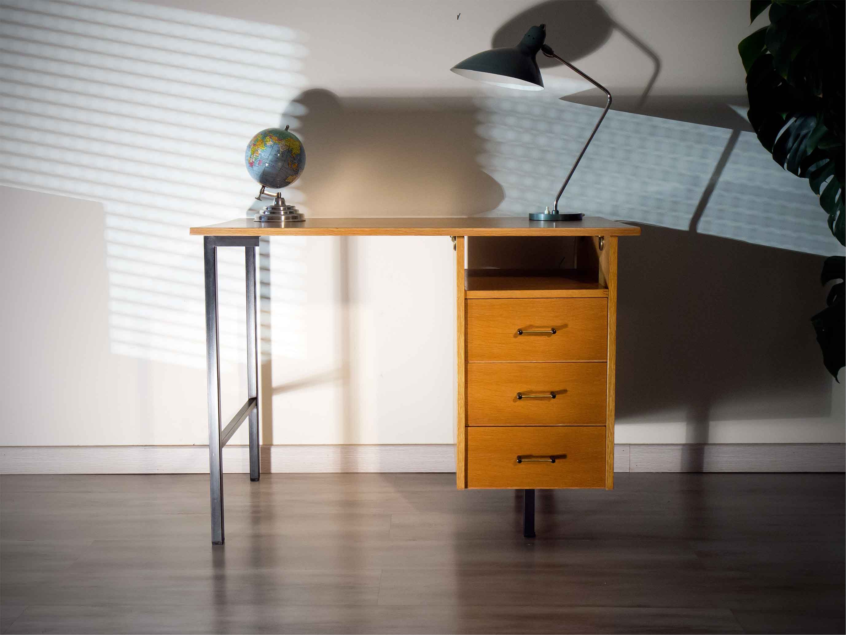 Desk 60's vintage modernist style, wood and steel