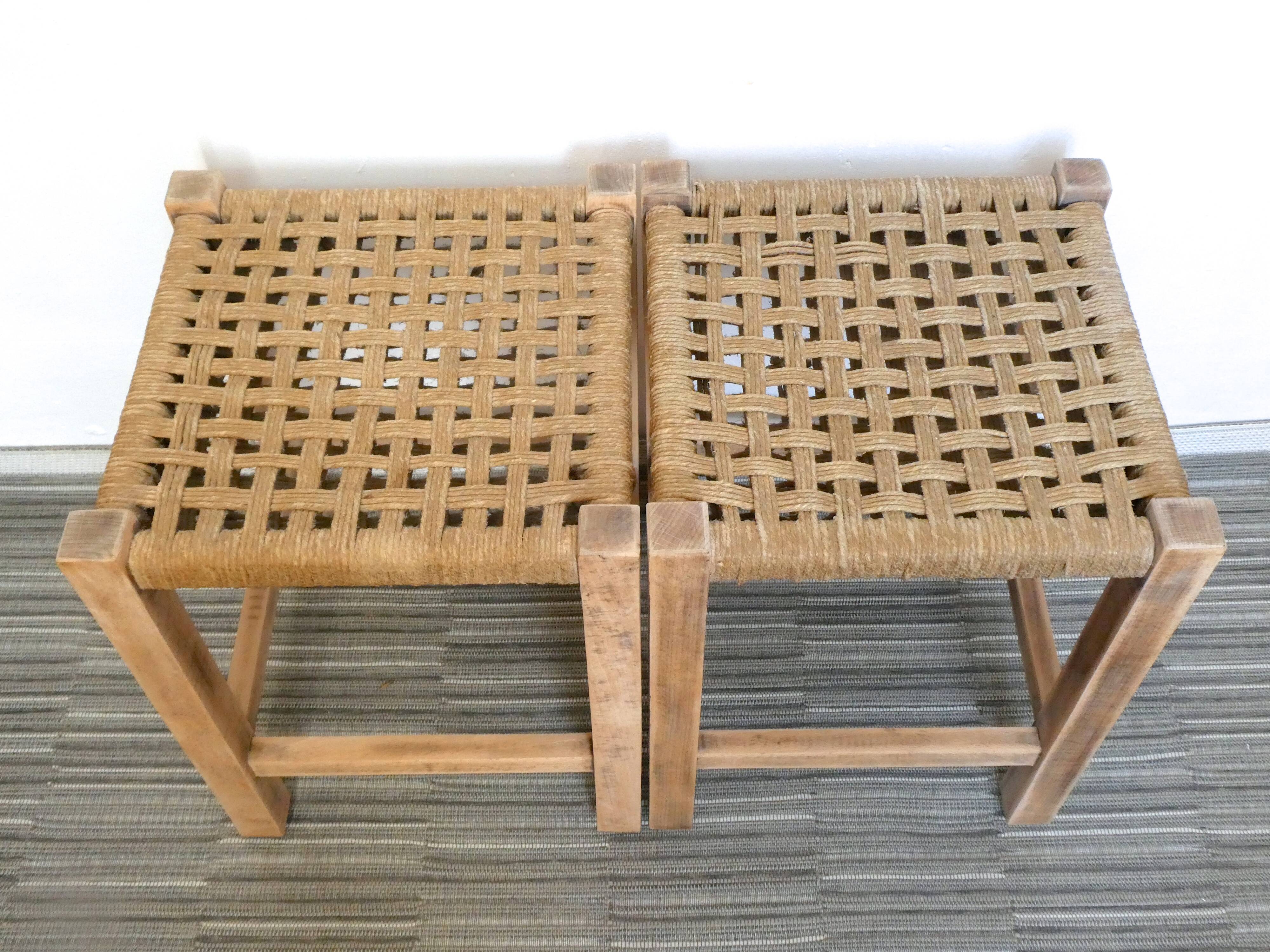 Paire de tabourets en bois et corde années 60