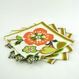 4 cotton napkins - orange and green floral pattern - vintage 70s