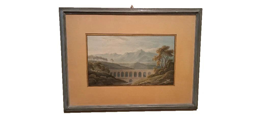 Aquarelle ancienne sur papier du début du XIXe siècle – paysage avec aqueduc.