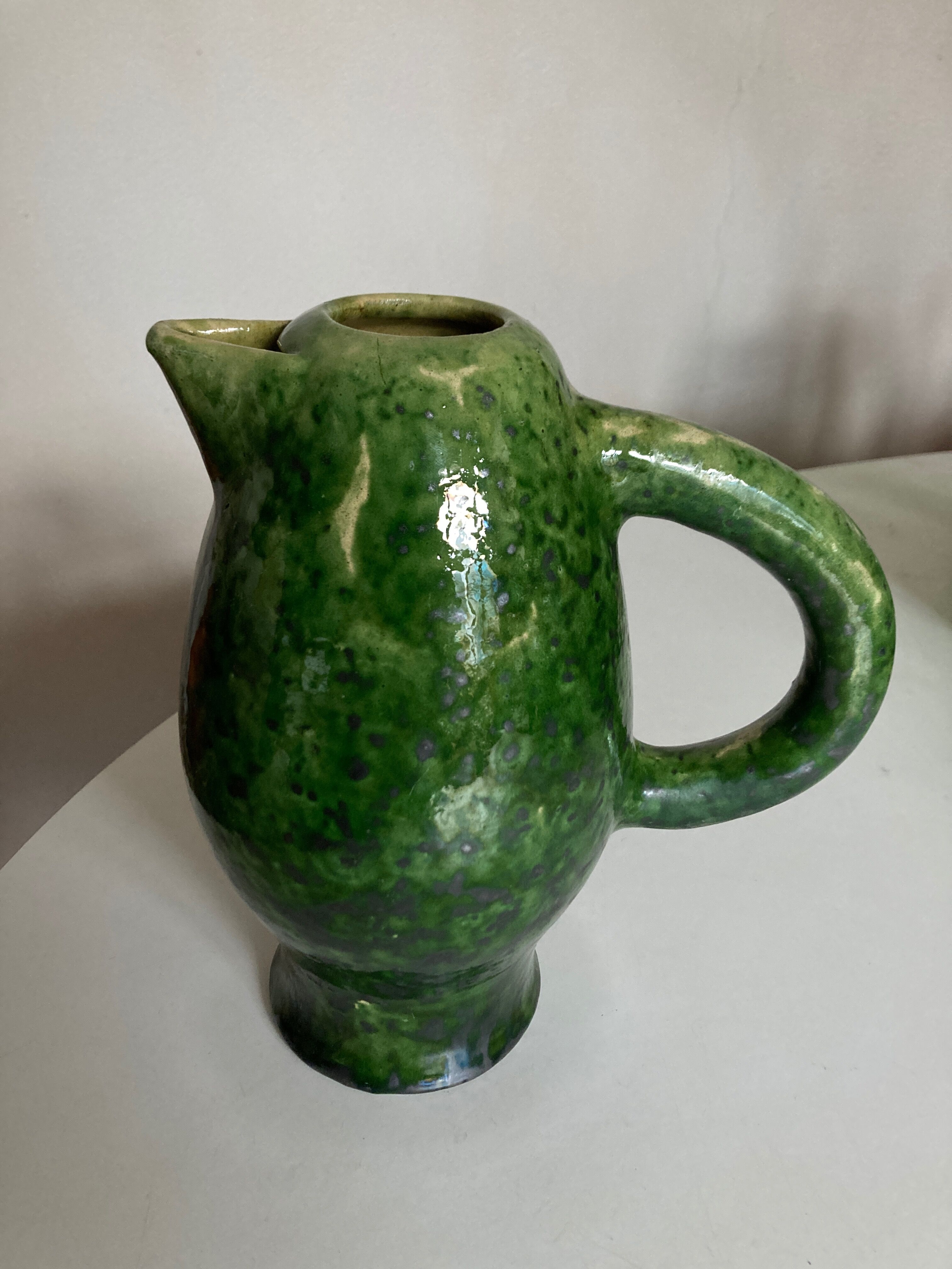 XL vase pitcher in green glazed clay Vallauris 1960