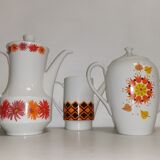 set of 3 Vintage Teapot Coffee Makers Orange Porcelain Pattern