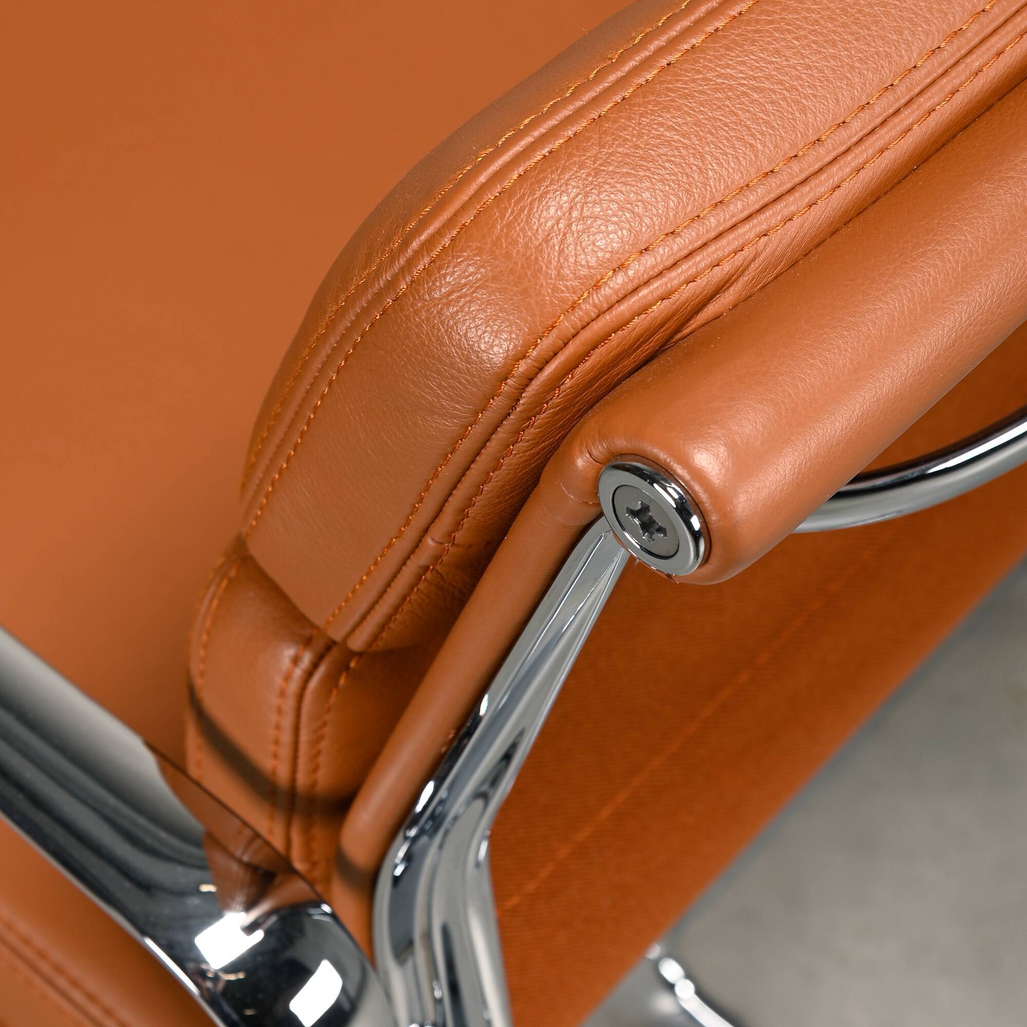 Charles & Ray Eames EA208 Soft Pad Chairs Chrome and Cognac leather, Vitra