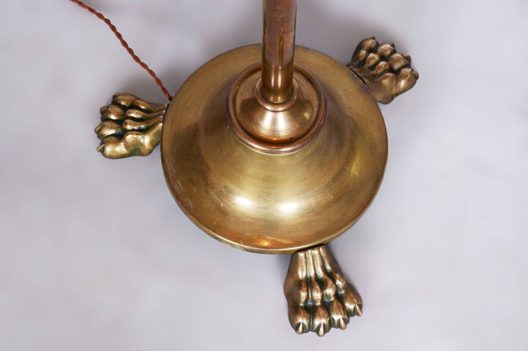 Restored Brass Art Deco Floor Lamp, France, Original Textile Shade, 1920s