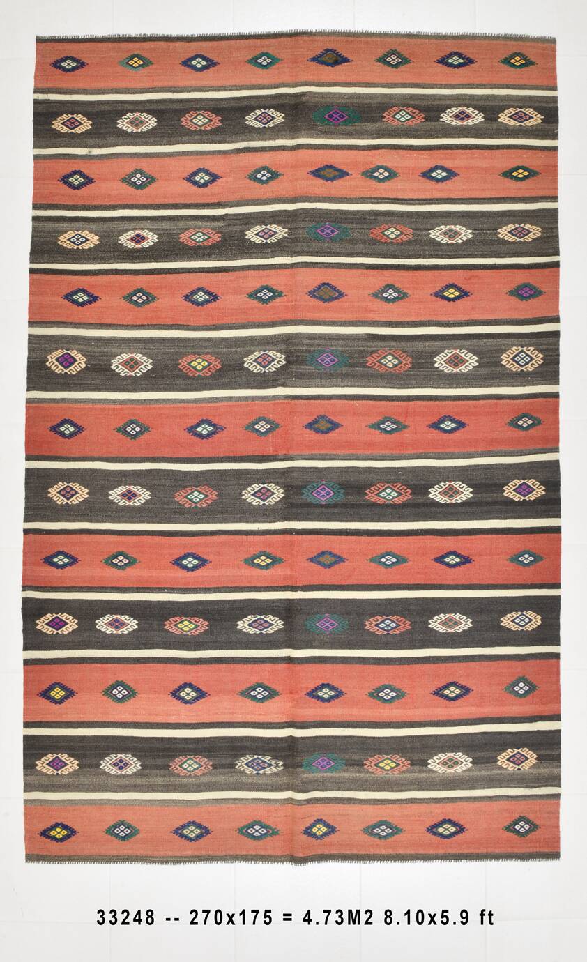 Terracotta & Brown %100 Wool Turkish Kilim Rug, 175x270 Cm