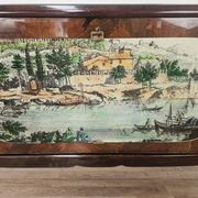 1950s mahogany sideboard with a glass top and central bar.
